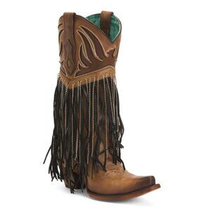 CORRAL BOOTS  Mexico Leather Inlay Embroidery Stainless Steel Fringe Boots